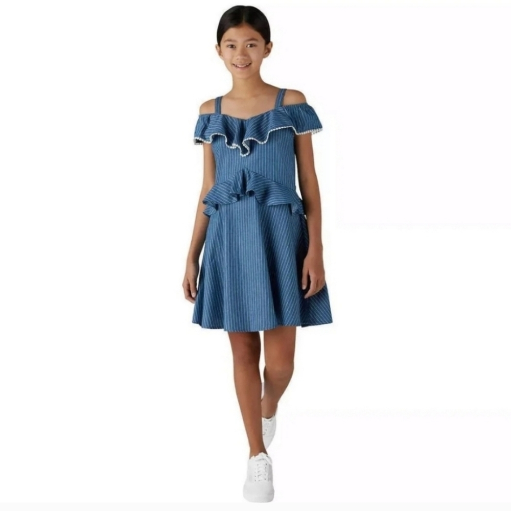 BCBGirls Blue Pin StrippedOff the shoulder Ruffle Jean Dress size 10/12 Medium